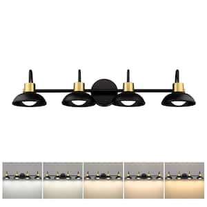 15-Watt 5CCT LED Dimmable 32 in. 4-Light Black Gold Finish Bathroom Lights Over Mirror LED Vanity Light with Metal Shade