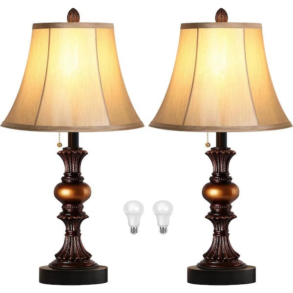Rottogoon 22 in. Vintage Bedside Lamps with Dual USB, 3-Way Dimmable Bronze Finish with Bell Shape Faux Silk