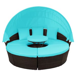 Brown Wicker Outdoor Day Bed Sunbed with Blue Cushions and Retractable Canopy