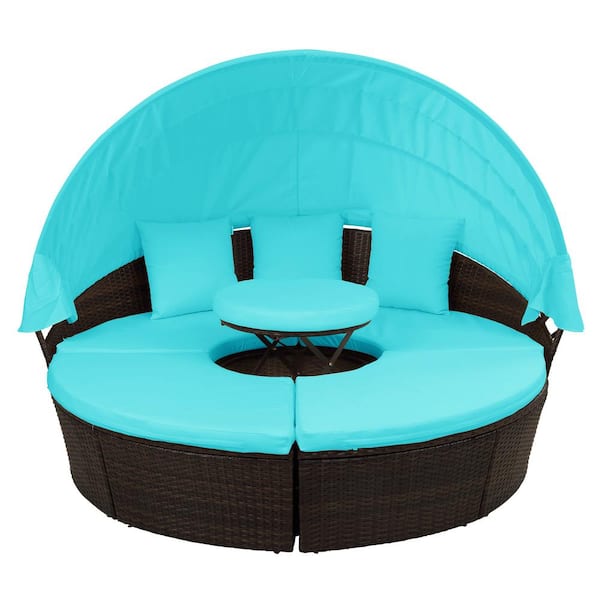 FORCLOVER Brown Wicker Outdoor Day Bed Sunbed with Blue Cushions and Retractable Canopy