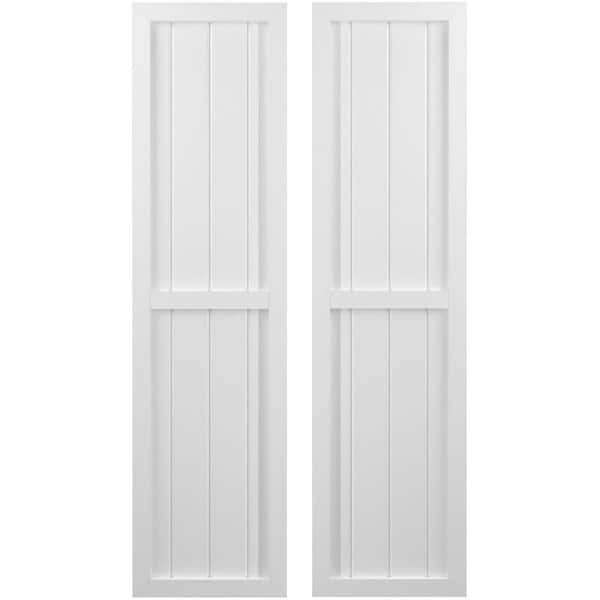 Ekena Millwork 14 in. W x 58 in. H Americraft 4 Board Exterior Real Wood Two Equal Panel Framed Board and Batten Shutters White