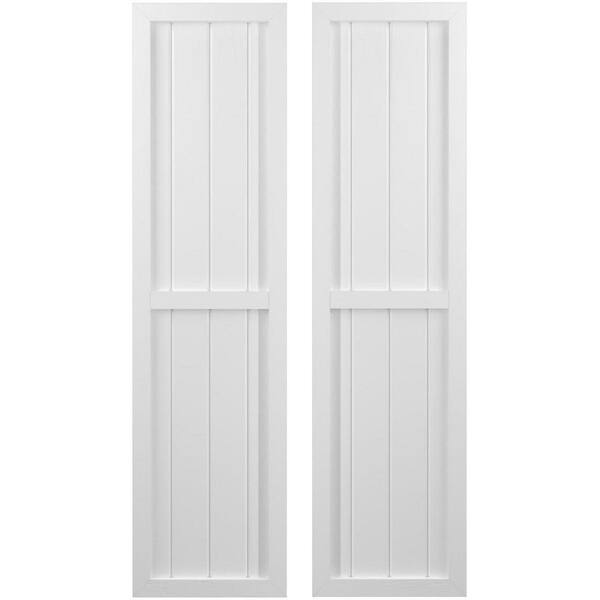 Ekena Millwork 14 in. W x 73 in. H Americraft 4 Board Exterior Real Wood Two Equal Panel Framed Board and Batten Shutters White