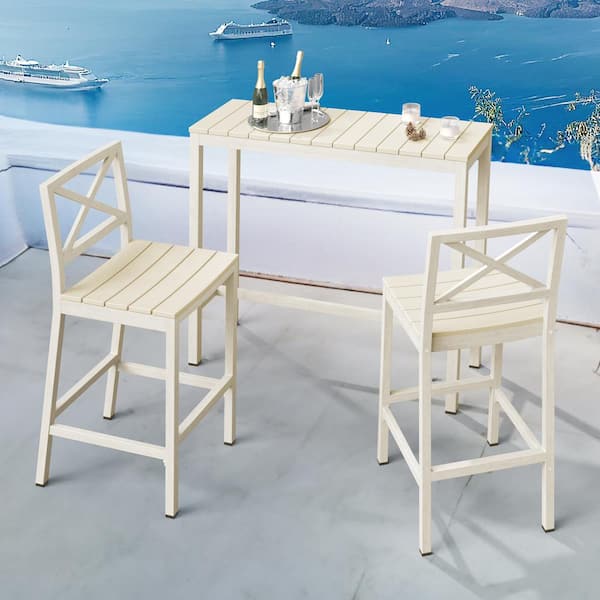 LUE BONA 3 Piece 45" Beige Outdoor Dining Table Set Aluminum Bar Set HDPS Top With Bar Chairs Armless for Balcony