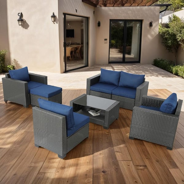 Unbranded Brown 7-Pieces Wicker Outdoor Fabric Sofa Sectional Set with Dark Blue Cushions