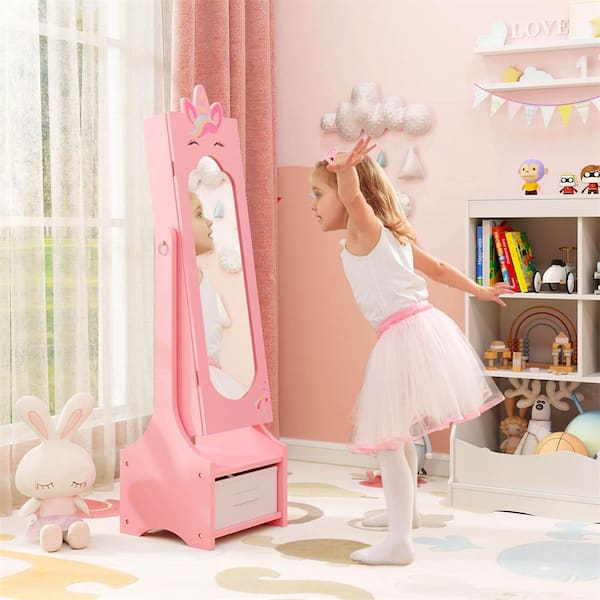 Pink Wood 12.5 in. Kids Jewelry Cabinet with Full-Length Mirror Drawer 2-Adjustable Tilt Angles