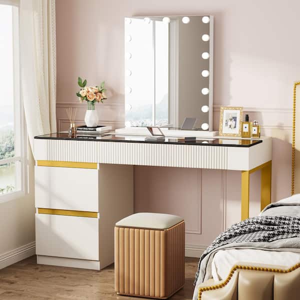 Ellie 1-Piece 47 in. Rectangular White Wood Makeup Vanity with 4-Drawer Storage and Glass Top