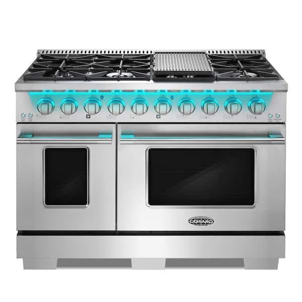 48 in. Vista Collection 6.6 cu. ft. Double Oven Gas Range, 8-Burners, LED Panel, Cast Iron Grates, Stainless Steel