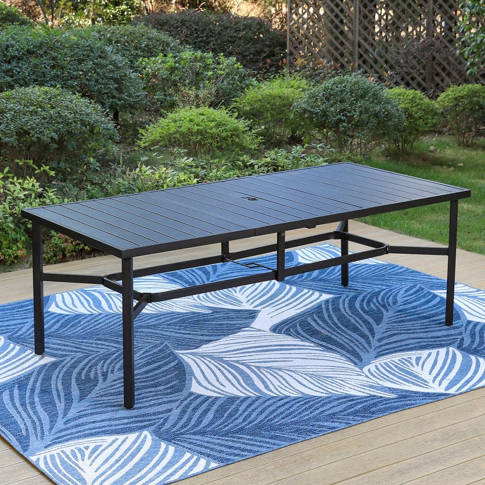 PHI VILLA Black Slat Rectangle Metal Patio Outdoor Dining Table with 1.57 in. Umbrella Hole