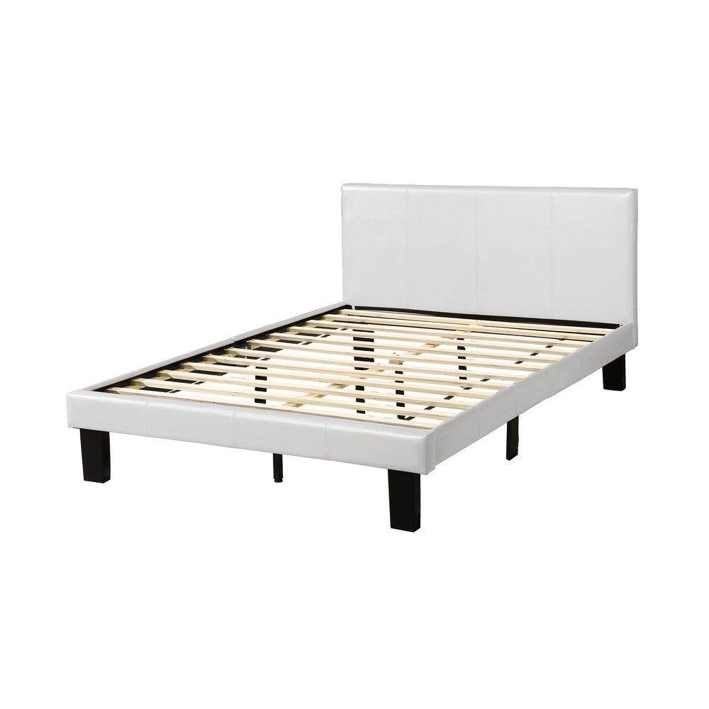 White faux leather full size bed frame showing the wooden slat support system.