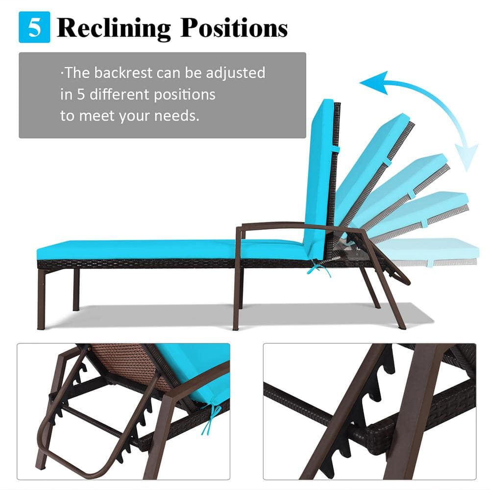 Turquoise Cushioned Rattan Chaise Lounge Chairs with Adjustable Backrest