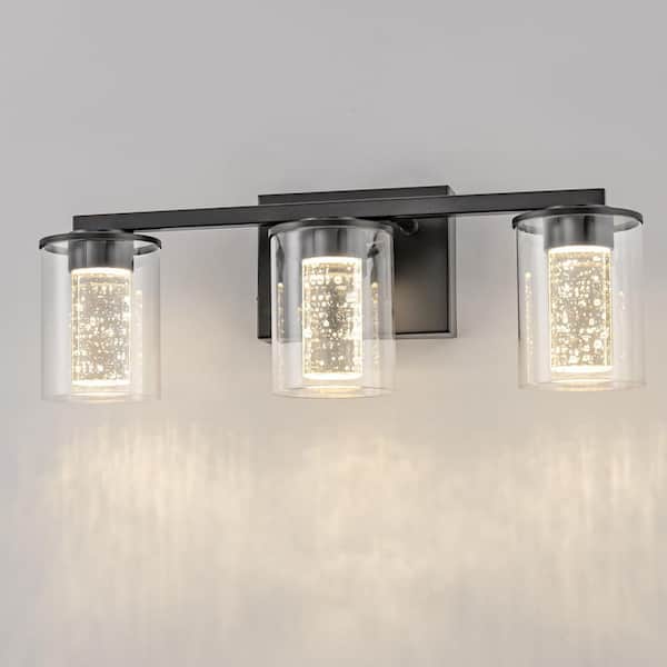 YANSUN 18 in. 3-Light Black Crystal Integrated LED Vanity Light for Bathroom with Dimmable Color Temperature