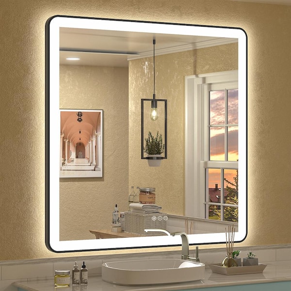Apmir 38 in. W x 38 in. H Square Framed Front, Back LED Lighted Anti-Fog Wall Bathroom Vanity Mirror in Tempered Glass