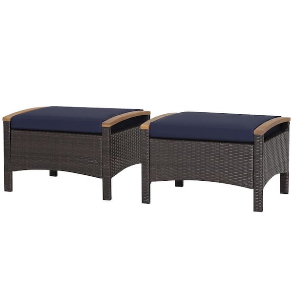 Mix Brown Frame Wicker Outdoor Ottoman with Navy Cushion, 2 Pack