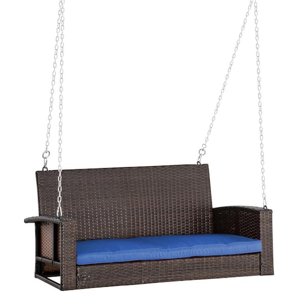 Unbranded 2-Person Brown Wicker Patio Swing with Blue Cushions