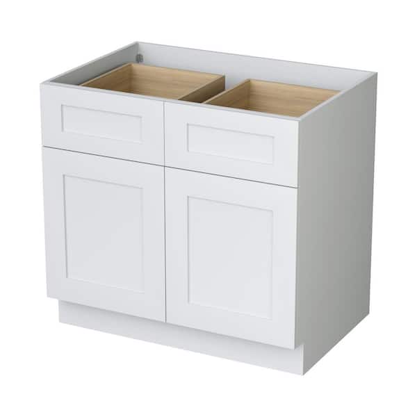 36 in. W x 24 in. D x 34.5 in. H Ready to Assemble Base Kitchen Cabinet in White with 2 Doors, 2 Drawers and 1 Shelf