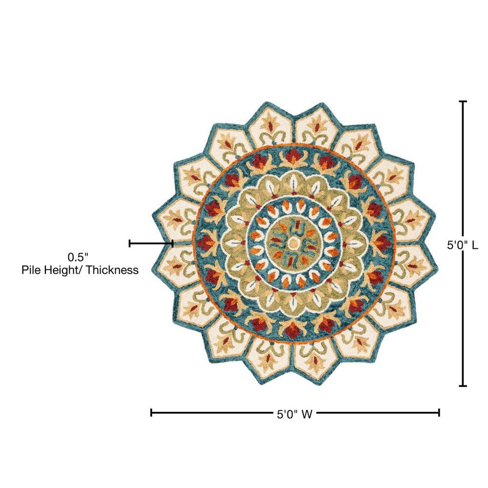 Handmade Blue and Ivory Floral Tufted Wool Round Rug