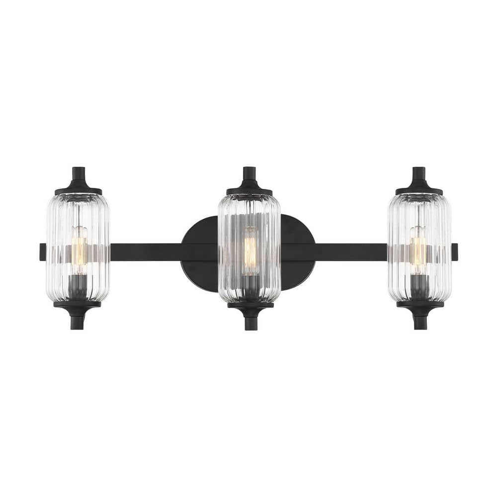 Holton 24 in. W x 9 in. H 3-Light Matte Black Bathroom Vanity Light with Clear Ribbed Glass Shades price history on PriceWatchPro