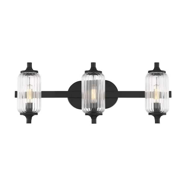 Holton 24 in. W x 9 in. H 3-Light Matte Black Bathroom Vanity Light with Clear Ribbed Glass Shades