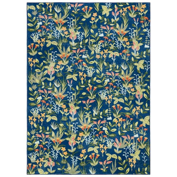 Martha Stewart Washable Navy/Gold 5 ft. x 8 ft. Machine Washable Botanical Floral Area Rug