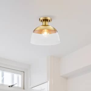 Rey 13 in. 1-Light Brushed Gold Modern Semi Flush Mount with Clear Glass Shade for Bedrooms