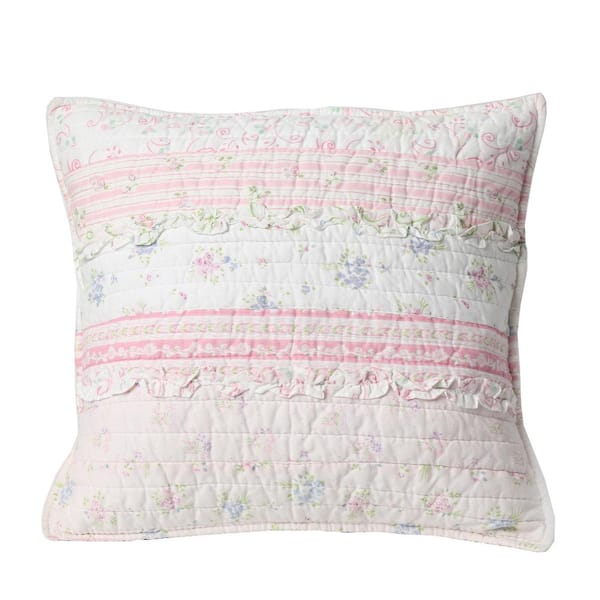 Cozy Line Home Fashions Pink Rose Peonies Flower Garden Ruffle Stripe Shabby ChicPinkCotton 15 in.x15in. x 4 in.SquareDecorThrowPillow(Set of 1)