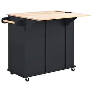 39.80 in. W x 29.33 in. D Black Wood Kitchen Cart with Drawers; Locking Casters; Shelf; Spice Rack; Wheels; Drop Leaf
