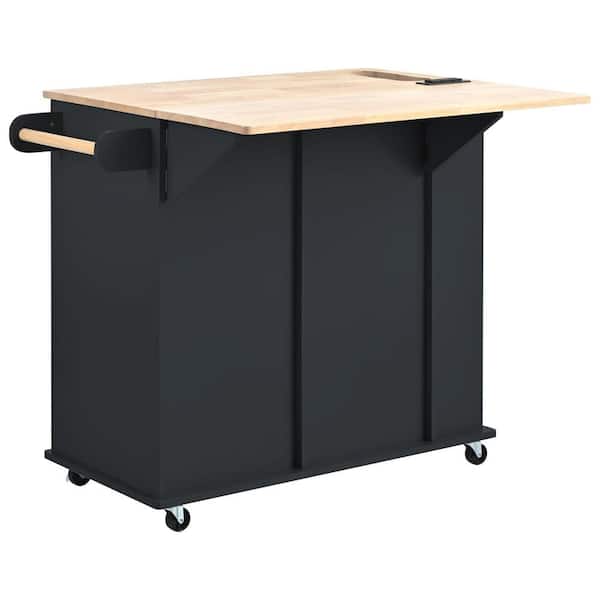 ANTFURN 39.80 in. W x 29.33 in. D Black Wood Kitchen Cart with Drawers; Locking Casters; Shelf; Spice Rack; Wheels; Drop Leaf