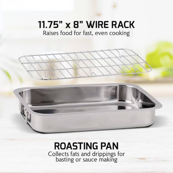 Ovente Kitchen Oven Roasting Pan 13 x 9.3 inch Stainless Steel Portable Baking Tray with Rack & Handle, Easy to Clean Dishwasher Safe, Silver
