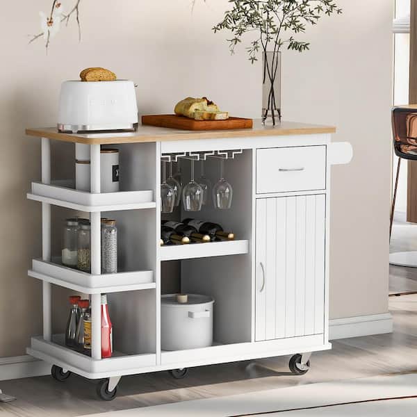Staykiwi White Rubber Wood Kitchen Cart with Wine Rack and Side Storage Shelves