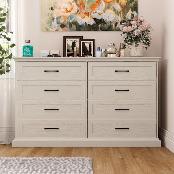 Beige Wood Grain 8-Drawer 54.6 in. Width x 33.1 in. Height Wooden Dresser, Chest of Drawers with Large Storage Space
