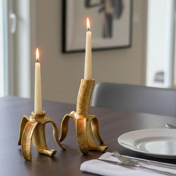 Gold 7 in. Metal Novelty Banana Taper Candle Holders (Set of 2)