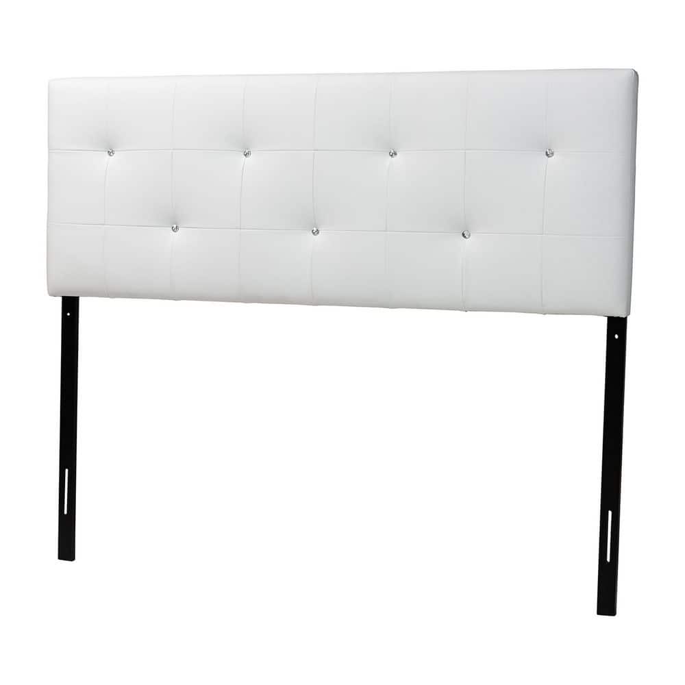 White Faux Leather Tufted Queen Headboard with Crystal Buttons