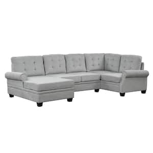 120.00 in. Round Arm Linen U-Shaped Sectional Sofa in. Gray