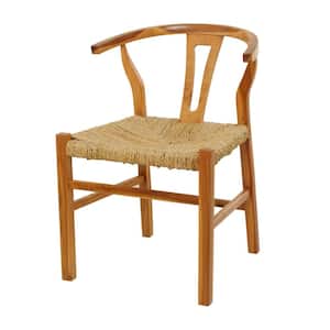 Brown Handmade Teak Wood Dining Chair with Woven Seagrass Seat