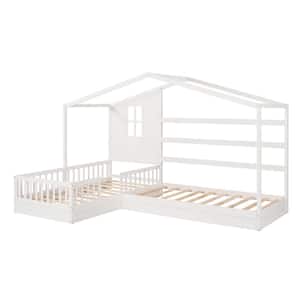 L-shaped White Twin Size Wood House Bed with Fence
