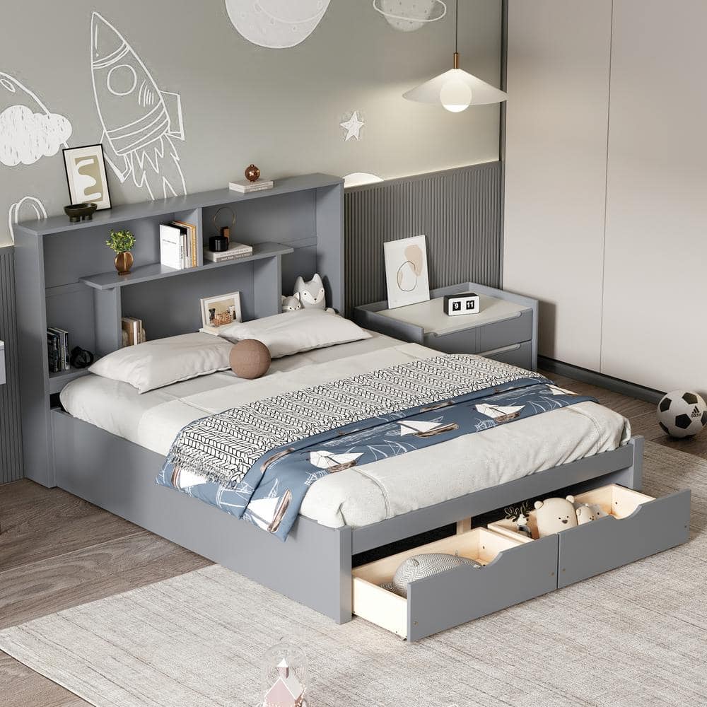 Gray Wood Frame Queen Size Platform Bed with Storage Shelves and 2 Drawers -  Harper & Bright Designs, QHS424AAE-Q