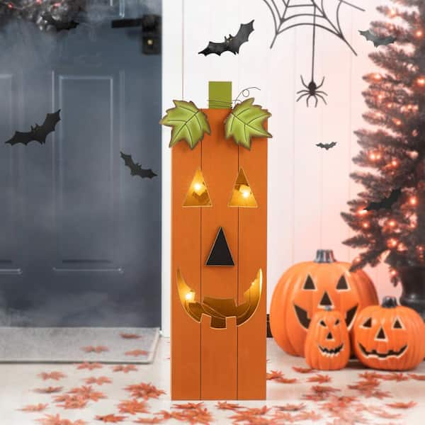 Glitzhome 30 in. H Lighted Halloween Yard Standing Decor Wooden Pumpkin ...