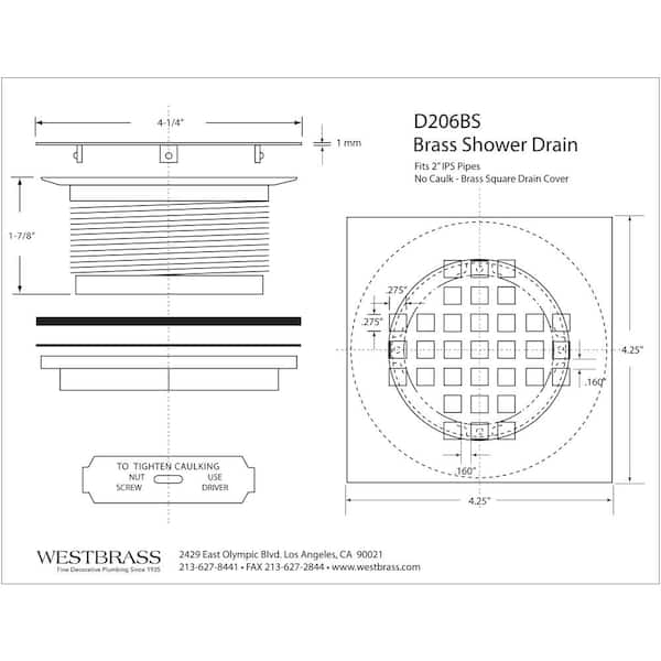Westbrass D206P-62 2 No-Caulk PVC Compression Shower Drain with 4-1/4  Round Grid Cover, Matte Black 