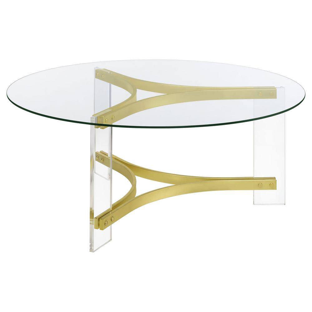 Janessa Round Glass Coffee Table with Acrylic Legs and Brass Accents