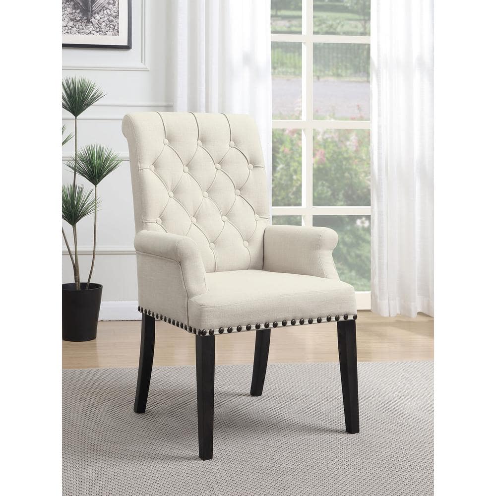 Elegant Beige Linen Upholstered High Arm Chair with Smokey Black Wood