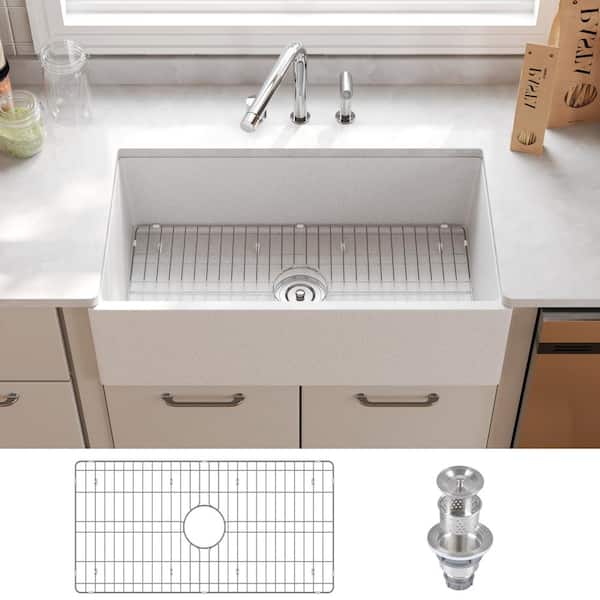 DEERVALLEY Gritty White 33 in. Farmhouse Apron Front Single Bowl Concrete Kitchen Sink with Grid and Strainer