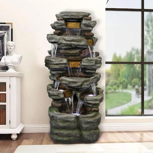 AUTMOON 47 in. Tall Indoor/Outdoor Water Fountain Waterfall Simulated Rock With LED Lights