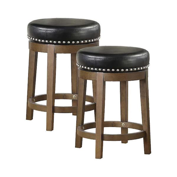 EVERGLADE HOME Paran 25 in. Brown Backless Wood Frame Round Swivel Bar Stool with Black Faux Leather Seat (Set of 2)