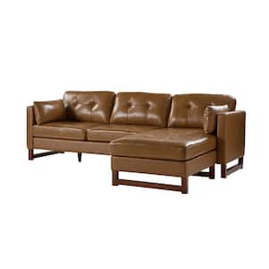 Dimitri Mid-century Genuine Leather Reversible Sectional With Solid Wood Legs-CAMEL