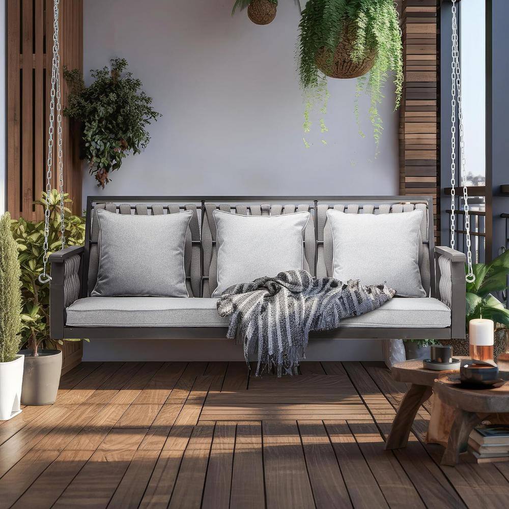 Gray Composite 3-Seat Porch Swing with Cushions and Chains