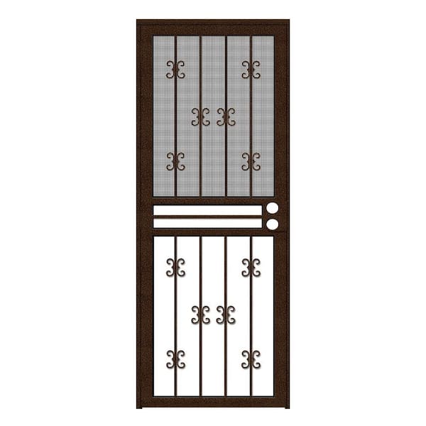 Unique Home Designs 30 in. x 80 in. Moorish Lace Copperclad Recessed Mount All Season Security Door with Insect Screen and Glass Inserts