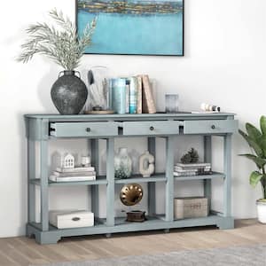 58 in. Blue Rectangle Wood Long Sofa Table with Storage Retro Console Table with 3-Drawers And Open Shelves