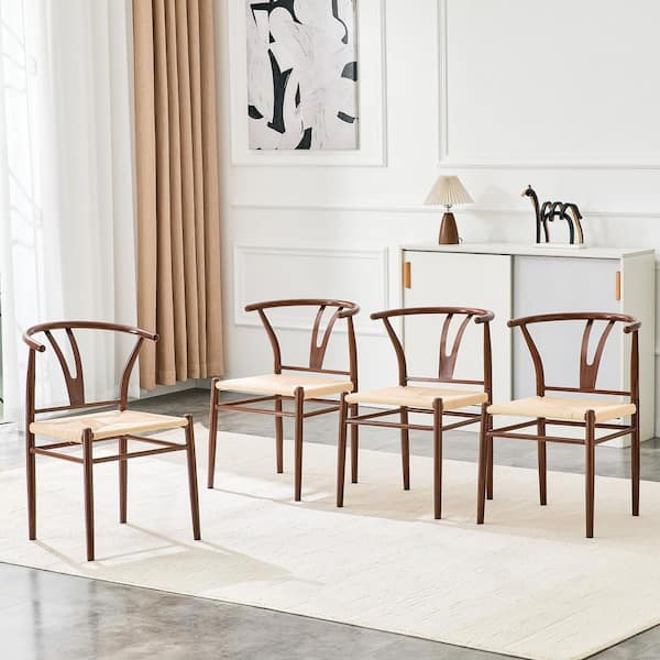Brown Metal Frame Linen Woven Seat Dining Chair, ArmChair Set of 4