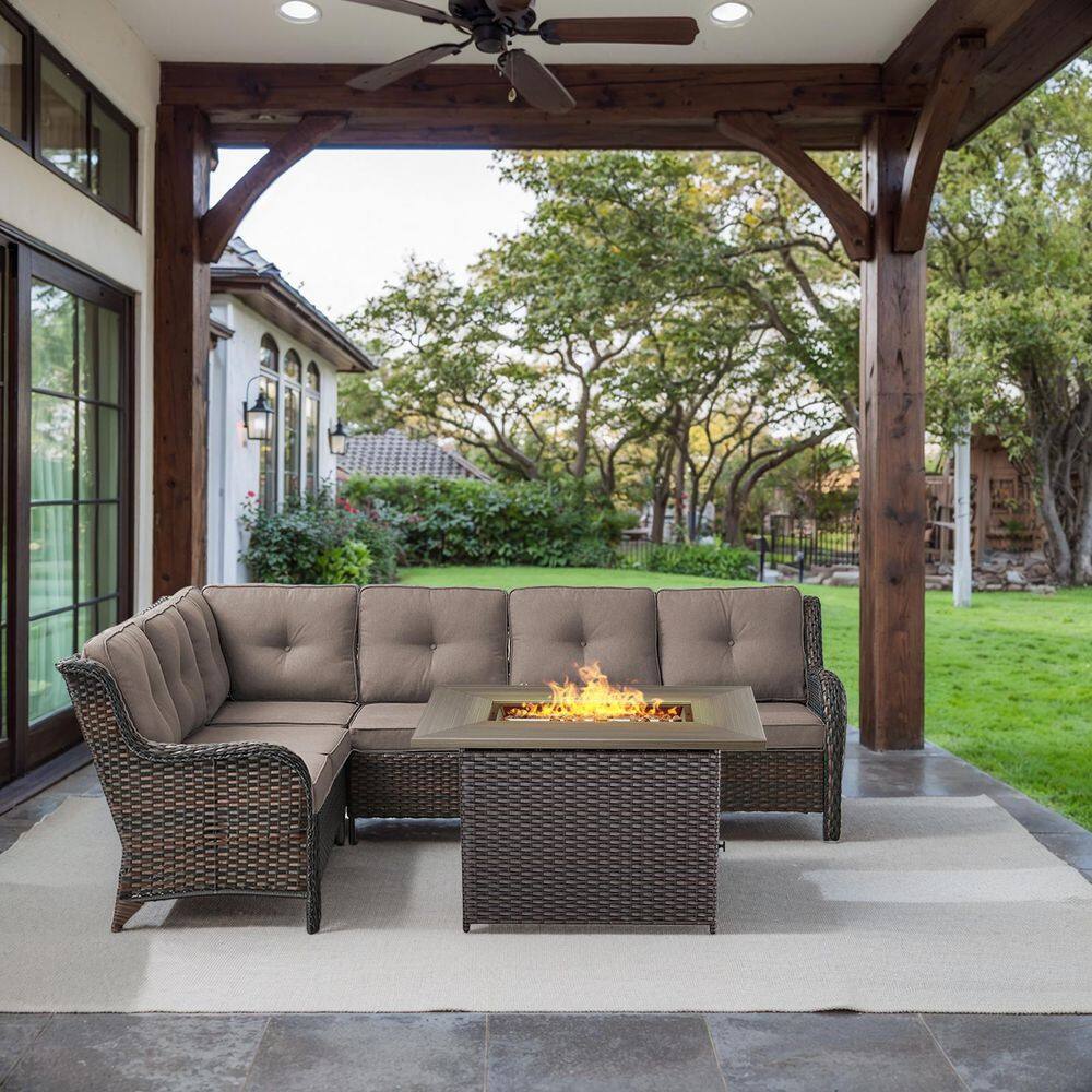 Brown 2-Piece Wicker Patio Fire Pit Set, Outdoor 6-Seater Sectional Seating Set with Olefin Gray Cushions price history on PriceWatchPro