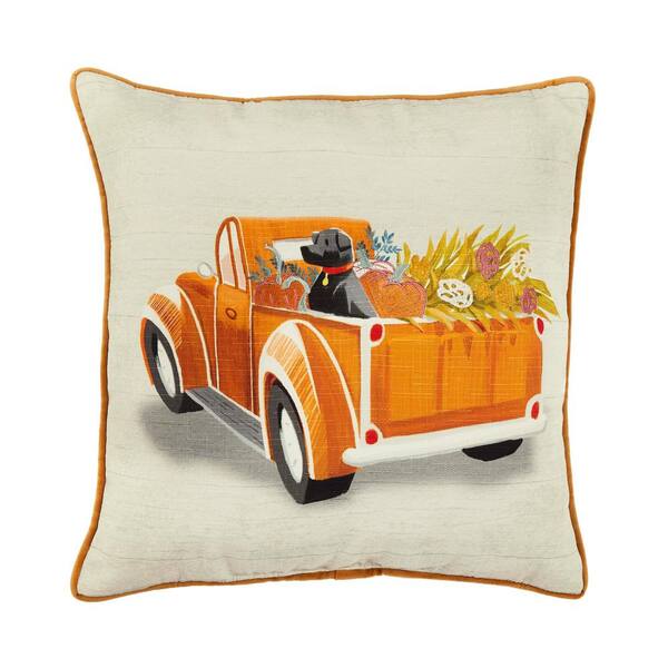 Photo 1 of 18 in. Harvest Truck and Dog Decorative Harvest Square Pillow